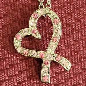 Cookie Lee Pink Crystal Ribbon Heart On Silver Chain Necklace